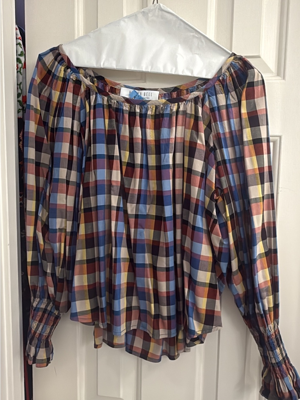Hunter Bell Multicolor Plaid Peasant Blouse - Navy, Red, Yellow